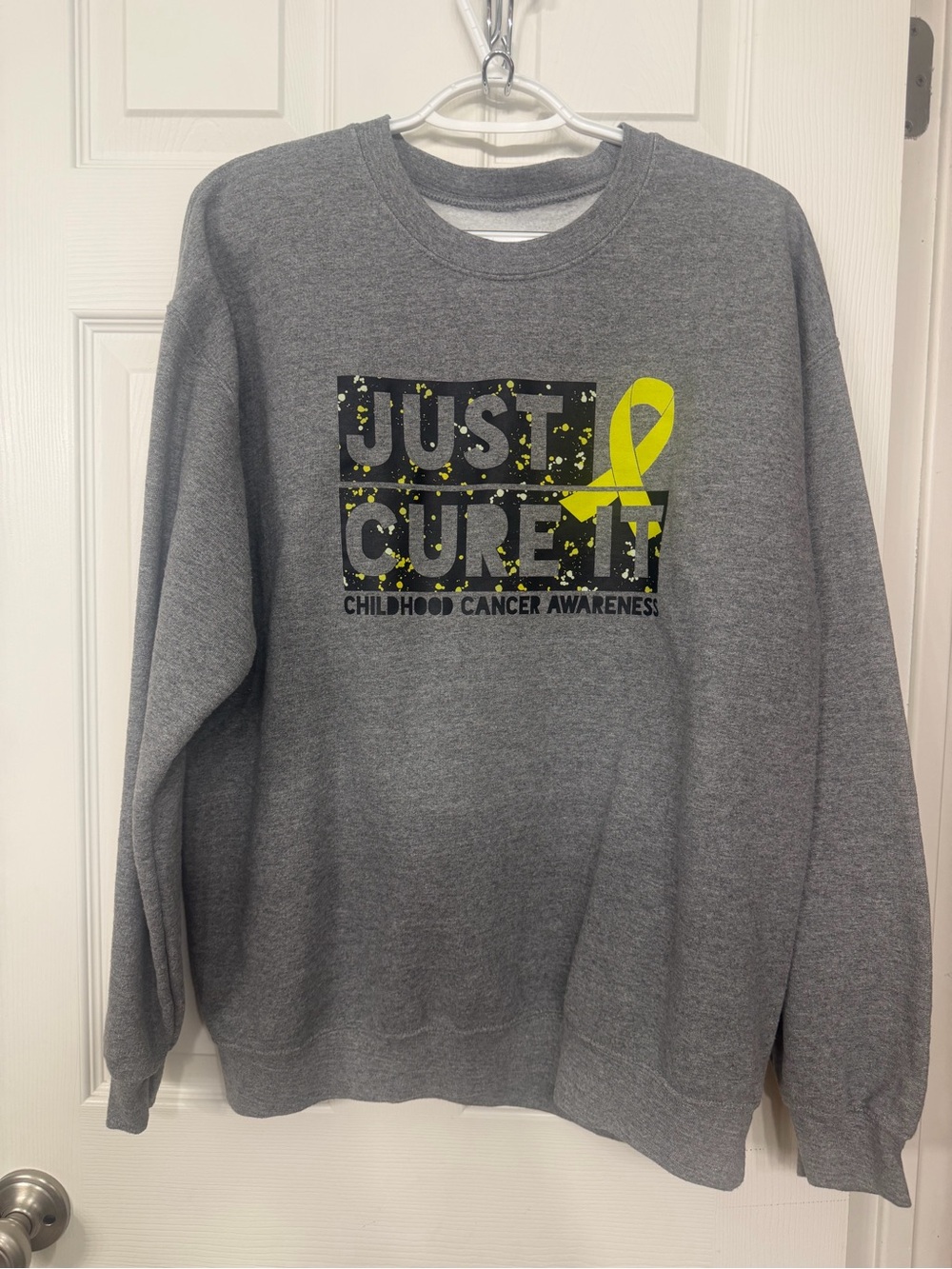 Gray Childhood Cancer Awareness Crewneck Sweatshirt with Yellow Ribbon